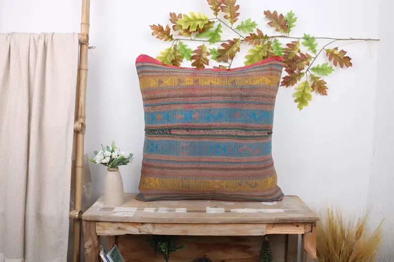 24x24 Blue Pillow Sham, Outdoor Cushion, Turkish Pillow, Boho Pillow Sham Cover, Ethnic Cushion, Pillow Cover, Vintage Kilim Pillow - 1