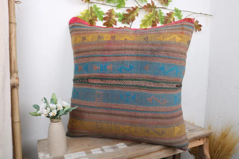 24x24 Blue Pillow Sham, Outdoor Cushion, Turkish Pillow, Boho Pillow Sham Cover, Ethnic Cushion, Pillow Cover, Vintage Kilim Pillow - 5