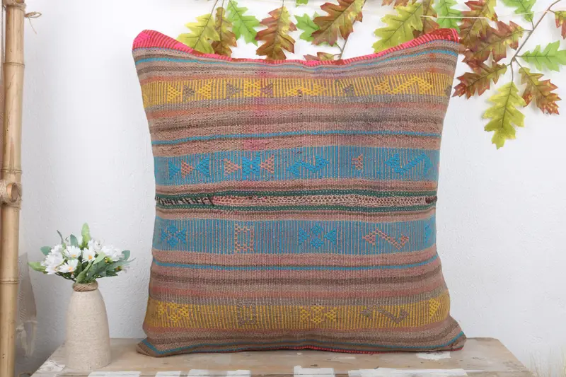 24x24 Blue Pillow Sham, Outdoor Cushion, Turkish Pillow, Boho Pillow Sham Cover, Ethnic Cushion, Pillow Cover, Vintage Kilim Pillow - 2