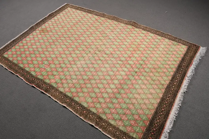 Alfombra vintage turca, alfombra Oushak de 4,4x6,4 pies, alfombra de lana de camuflaje rojo verde - 1