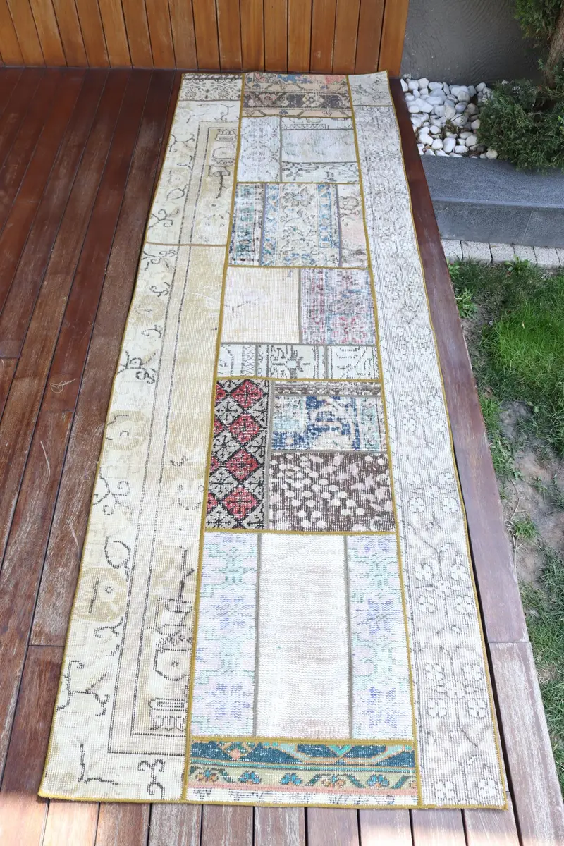 ハンドメイド ベージュ & ブルー チェック ラグ、2.8x8.8 フィート