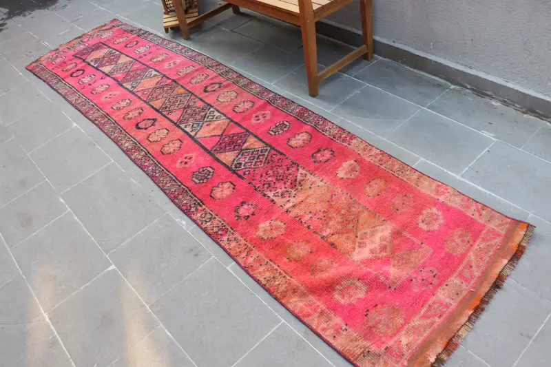 Vintage 2,6x10,8 ft Teppich, Läufer Türkischer Teppich, Rot Orange Ombré Teppich - 1