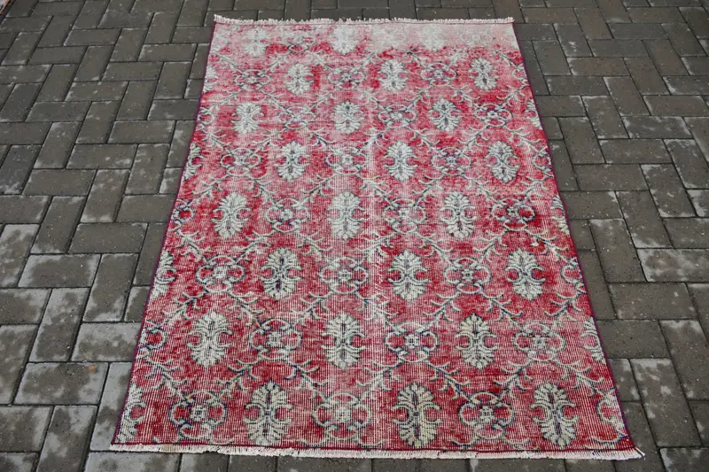 3,6 x 5 Fuß türkischer Oushak-Teppich, roter Camouflage-Vintage-Wollteppich - 1