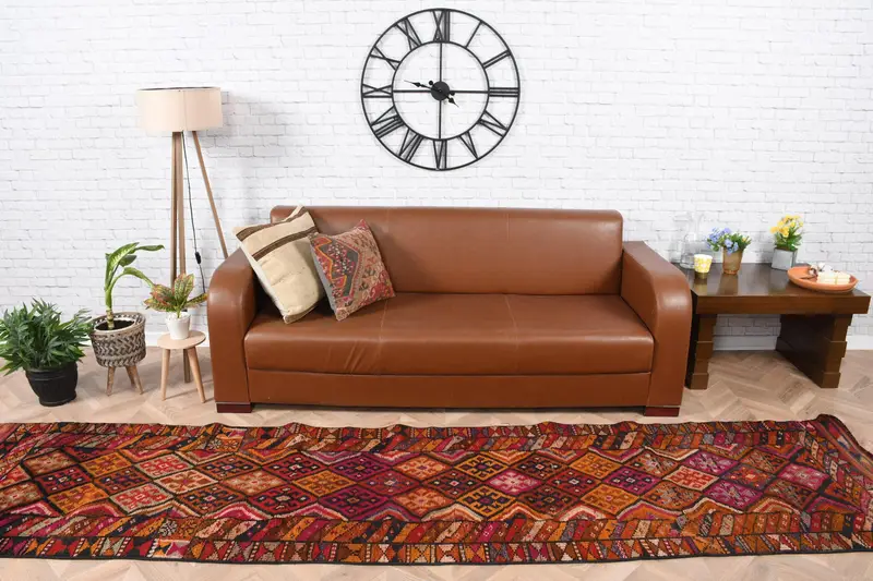 2.8x11.6 ft Türk Halısı, Vintage Yolluk Halısı, Kırmızı Çiçekli Yün Halı - 1