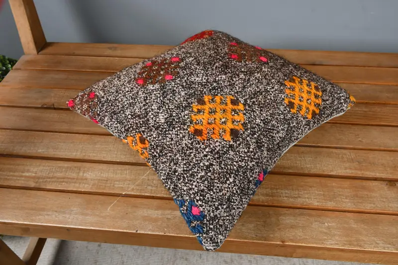 Cushion, Wool Kilim Pillow Cushion Cover, Pillow for Sofa, Crochet Pattern Pillow Sham, Kilim Pillow, Turkish Kilim Pillow, 14x14 Brown Cushion - 2