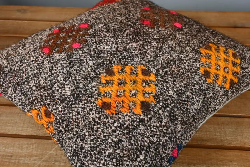Cushion, Wool Kilim Pillow Cushion Cover, Pillow for Sofa, Crochet Pattern Pillow Sham, Kilim Pillow, Turkish Kilim Pillow, 14x14 Brown Cushion - 3