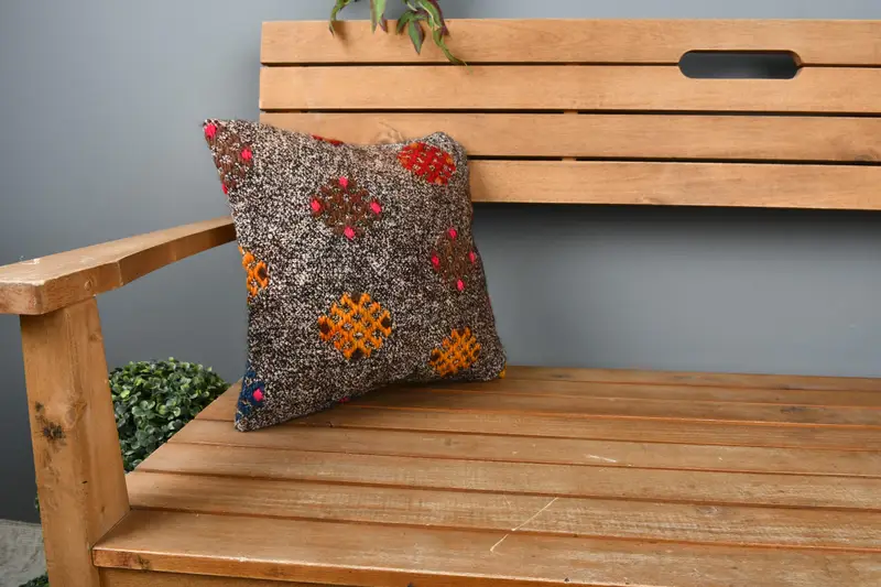 Cushion, Wool Kilim Pillow Cushion Cover, Pillow for Sofa, Crochet Pattern Pillow Sham, Kilim Pillow, Turkish Kilim Pillow, 14x14 Brown Cushion - 1