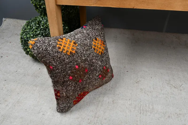 Cushion, Wool Kilim Pillow Cushion Cover, Pillow for Sofa, Crochet Pattern Pillow Sham, Kilim Pillow, Turkish Kilim Pillow, 14x14 Brown Cushion - 7