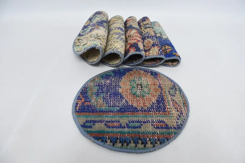 Mantel individual con círculo bohemio azul y rojo, mantel individual de algodón y lana