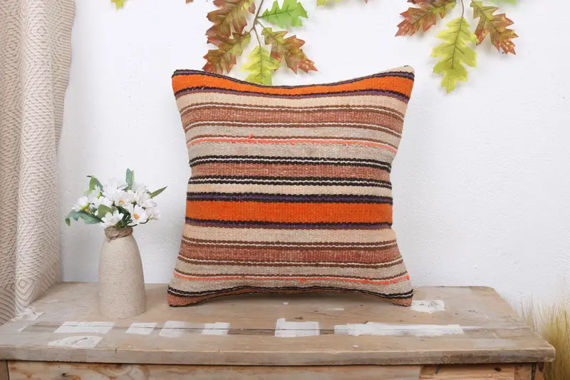 Pillow for Sofa, Cushion, Antique Pillows, 16x16 Orange Pillow Case, Tribal Pillow Case, Kilim Cushion Sham, Vintage Kilim Pillow Cushion Case - 1