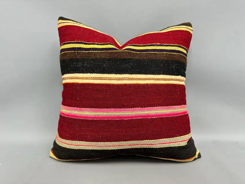Kilim Cushion Sham, Nomadic Pillow Case, 20x20 Red Cushion, Turkish Bench Pillow Cover, Cushion Case, Boho Pillow, Turkish Kilim Pillow - 1