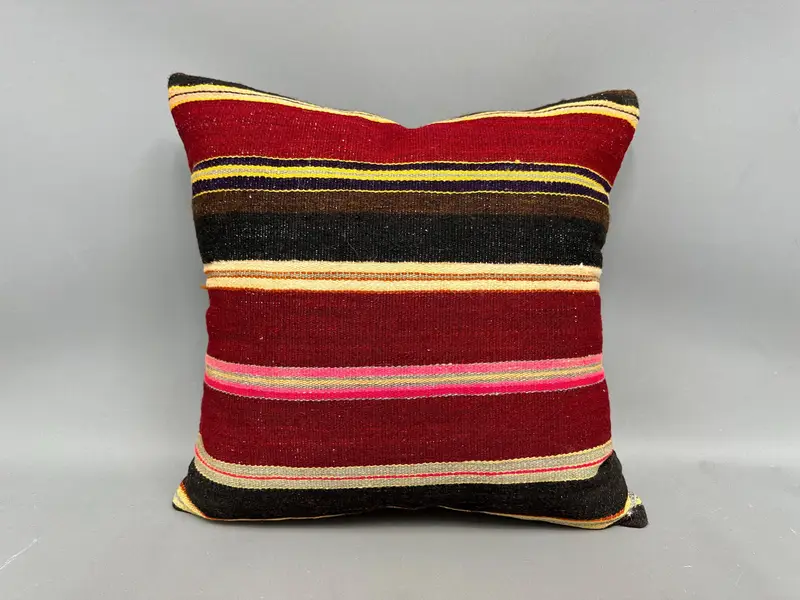Kilim Cushion Sham, Nomadic Pillow Case, 20x20 Red Cushion, Turkish Bench Pillow Cover, Cushion Case, Boho Pillow, Turkish Kilim Pillow - 4