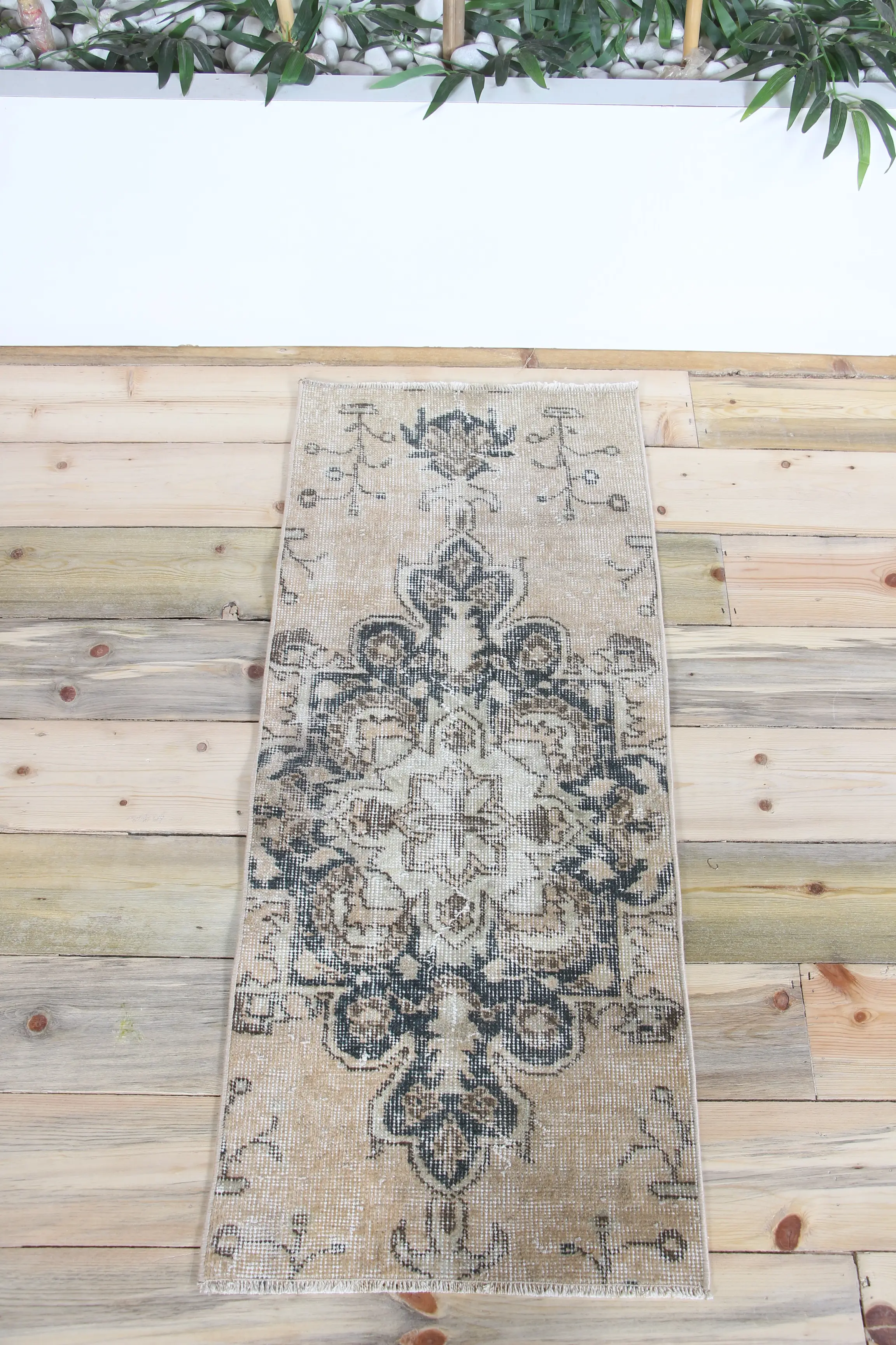 1.5x3.7 ft Small Vintage Rug, Brown Floral Turkish Rug - 1
