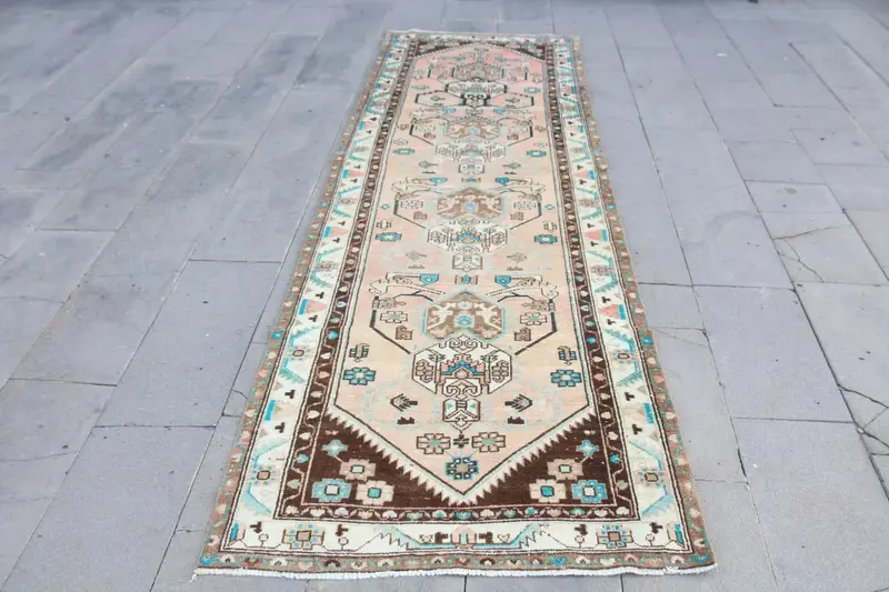 3.3x9.8 ft Rug, Vintage Turkish Rug, Oushak Brown Floral Rug - 1