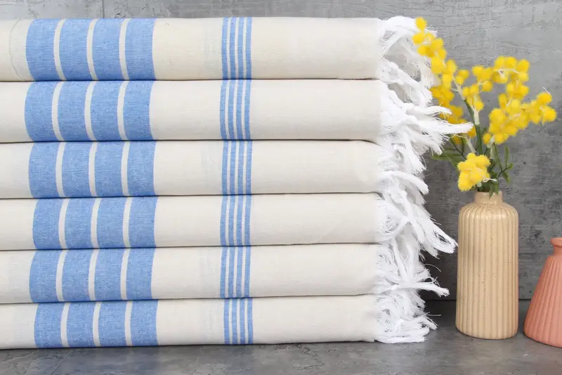 Bath Towel Organic Cotton Monogrammed Blue Stripes, 40x71 Inches