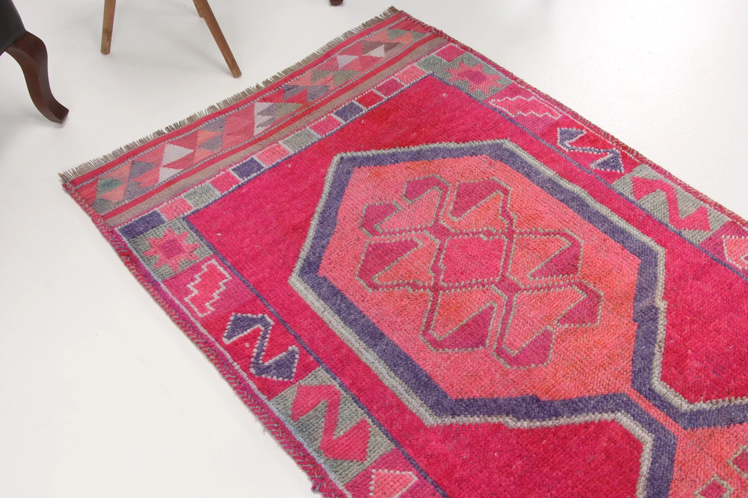 3.4x11.6 ft Vintage Rug, Turkish Runner Rug, Red Purple Moroccan Rug - 1