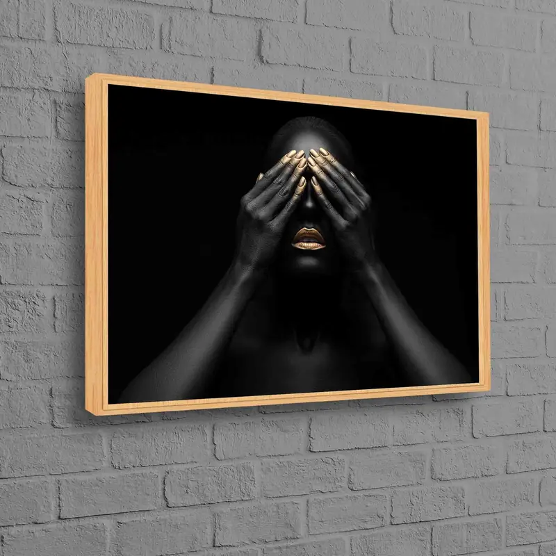 エレガントな黒人女性のゴールド リップ キャンバス プリント - 豪華な装飾