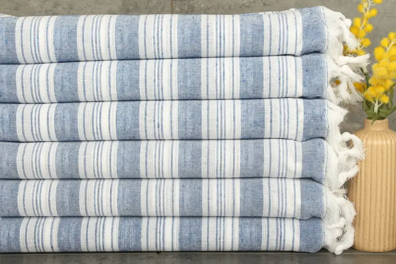 Beach Towel Monogram Sax Blue Striped Turkish Cotton, 40x71 Inches