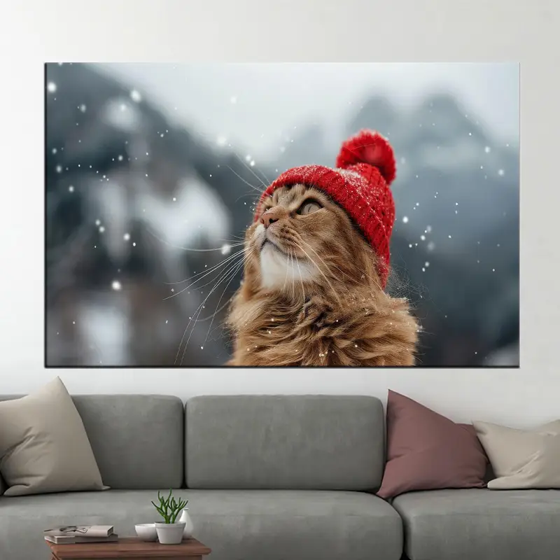 Whimsical Cat in Snowy Wonderland Printed Canvas Art