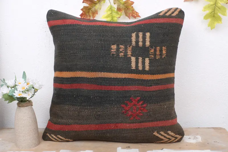 Pillow Sham, Living Room Throw Pillow Sham, Crochet Pattern Pillow Case, Throw Kilim Pillow, Pillow for Sofa, Turkish Pillow, 18x18 Brown Pillow - 2
