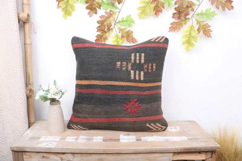 Pillow Sham, Living Room Throw Pillow Sham, Crochet Pattern Pillow Case, Throw Kilim Pillow, Pillow for Sofa, Turkish Pillow, 18x18 Brown Pillow - 1