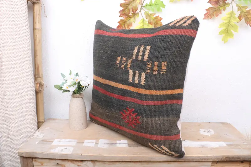 Pillow Sham, Living Room Throw Pillow Sham, Crochet Pattern Pillow Case, Throw Kilim Pillow, Pillow for Sofa, Turkish Pillow, 18x18 Brown Pillow - 4