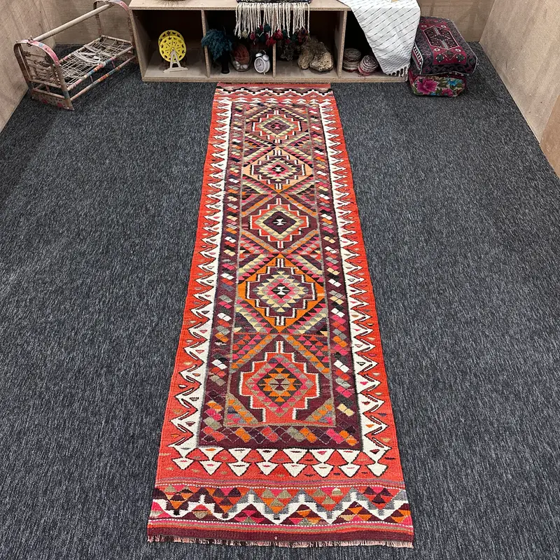 Turkish Small Rug 2.9x10.3 ft (87x315 cm), Herki Rainbow Geometric Vintage Rug - 1