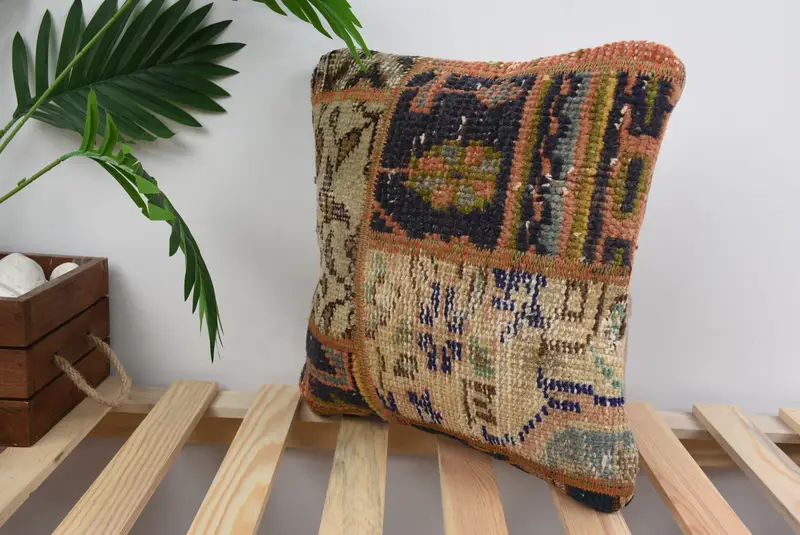 14x14 Blue Cushion Cover, Pillow, Kilim Cushion Sham, Kilim Pillow, Yoga Pillow Case, Natural Pillow Cover, Turkish Kilim Pillow - 5