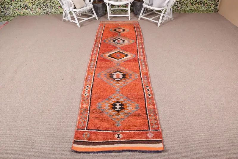 2.8x10.4 ft Vintage Türk Halısı, Yolluk Halısı, Turuncu Herki Fas Halısı - 1