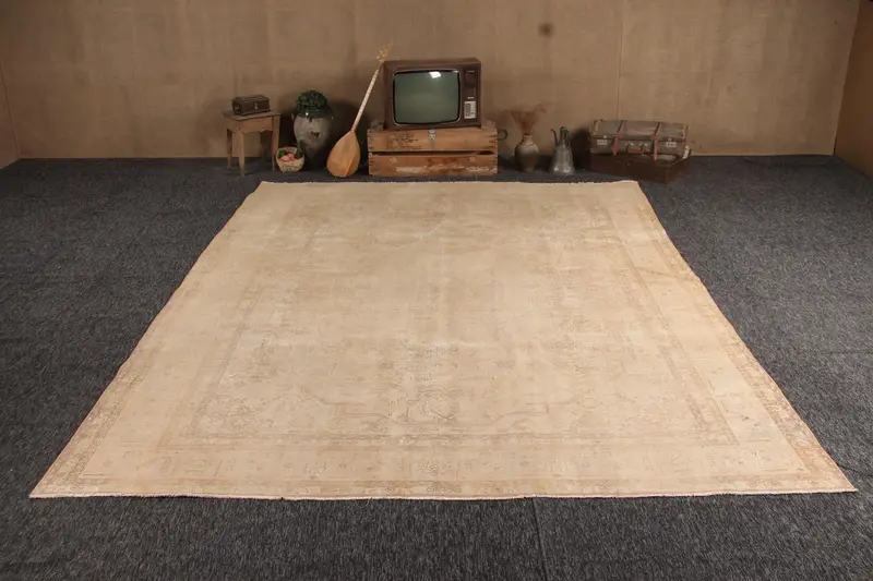 Alfombra turca vintage Oushak de gran tamaño, 9,6x12,8 pies, lana de alfombra marroquí marrón - 1