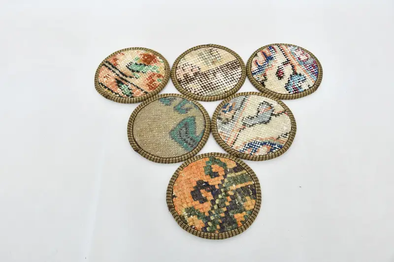 Altılı Bohem Yuvarlak Bardak Altlığı Seti, Bej ve Turuncu Bardak Altlığı