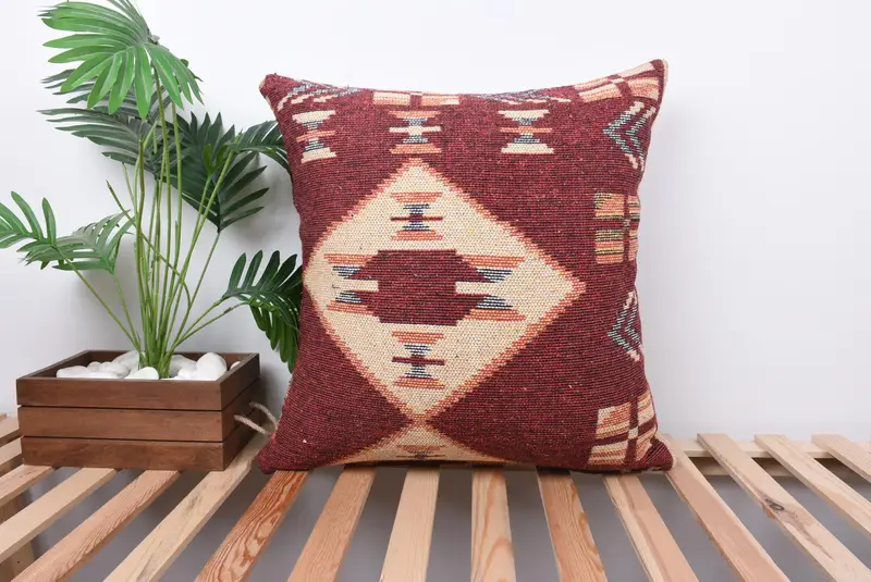 Antique Pillows, Handmade Kilim Cushion, 24x24 Red Cushion, Ethnical Kilim Rug Pillow, Sofa Bolster Pillow Sham, Pillow Sham, Vintage Pillow Cover - 1