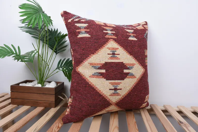 Antique Pillows, Handmade Kilim Cushion, 24x24 Red Cushion, Ethnical Kilim Rug Pillow, Sofa Bolster Pillow Sham, Pillow Sham, Vintage Pillow Cover - 4