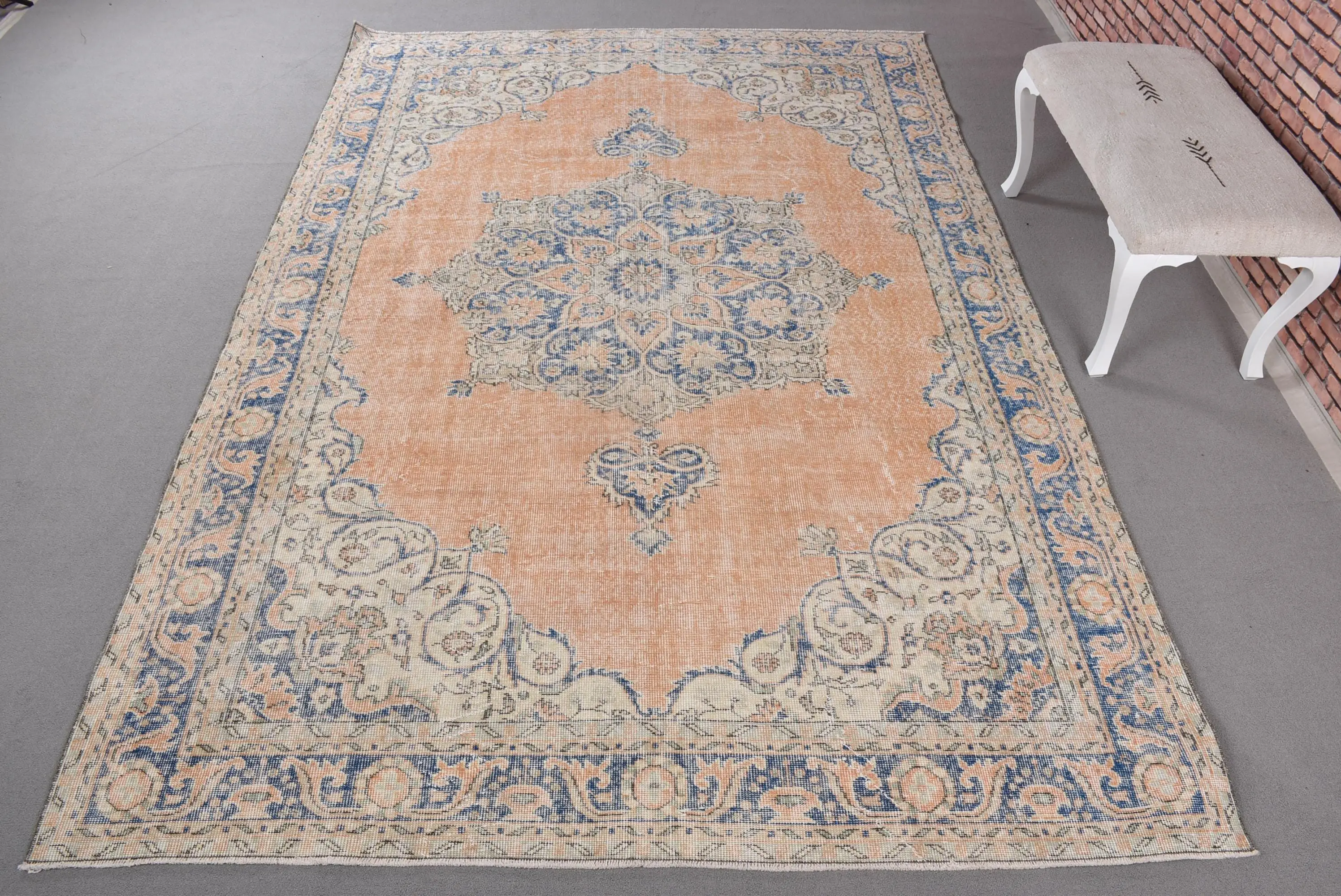 Turkish Vintage Rug 7x10.3 ft, Blue Oversize Camouflage Wool Rug - 1