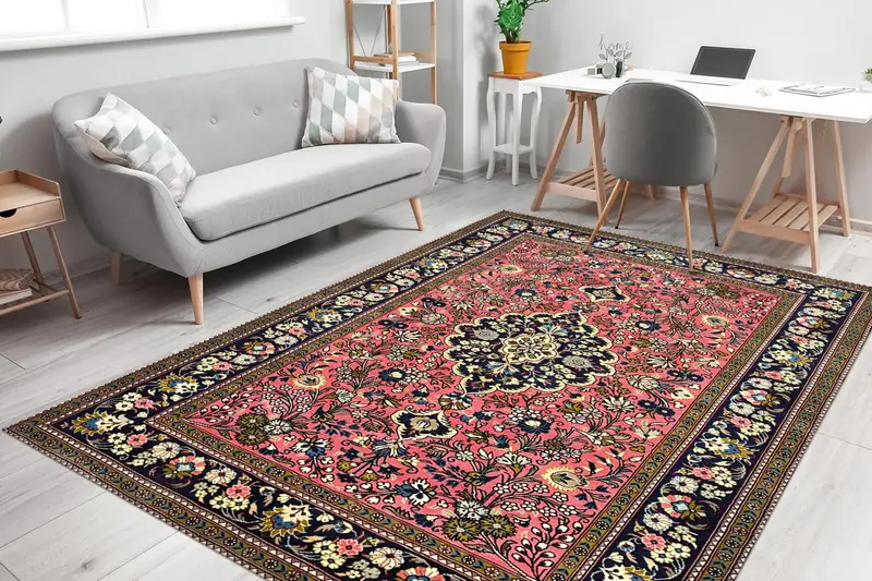 エレガントなレッド&ブラックの花柄ヴィンテージプリントラグ - モダンシック