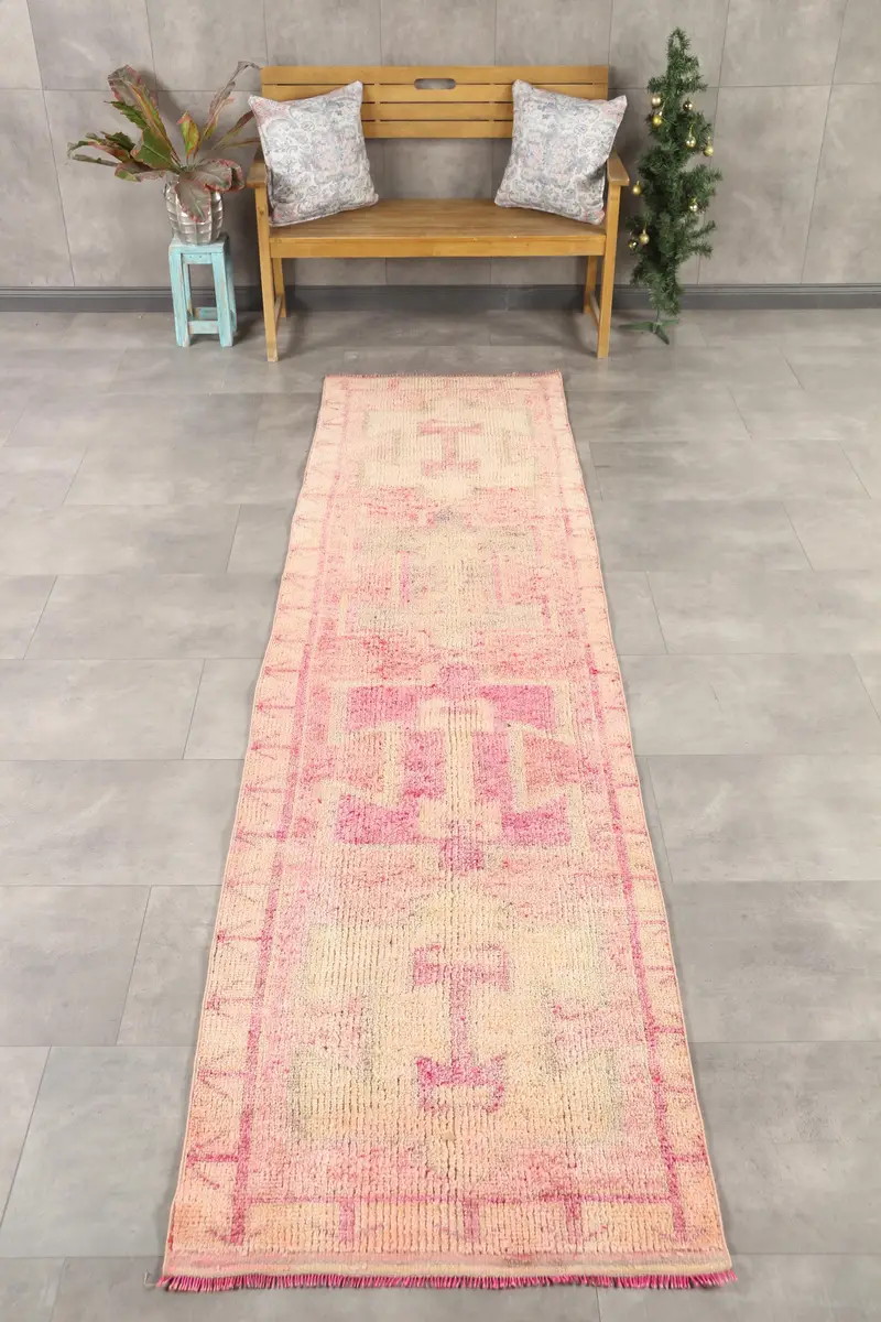 Turkish Vintage Rug 2.8x11.1 ft (86x338 cm), Herki Pink Wool Rug - 1