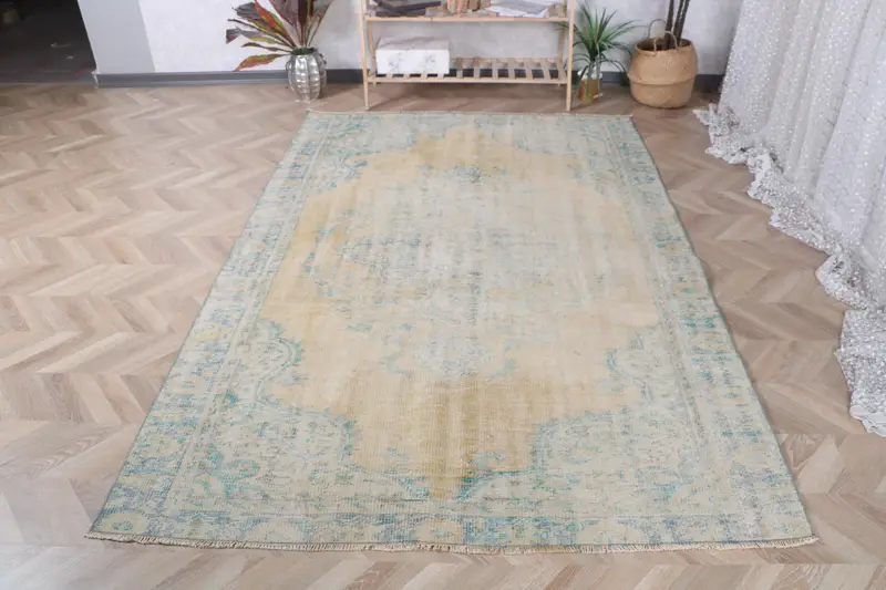 5.4x8 ft Turkish Large Rug, Blue Yellow Vintage Southwestern Wool Rug - 1