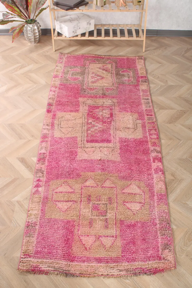Vintage Runner Halı 3x7.5 ft, Türk Herki Pembe Patchwork Yün Halı - 1