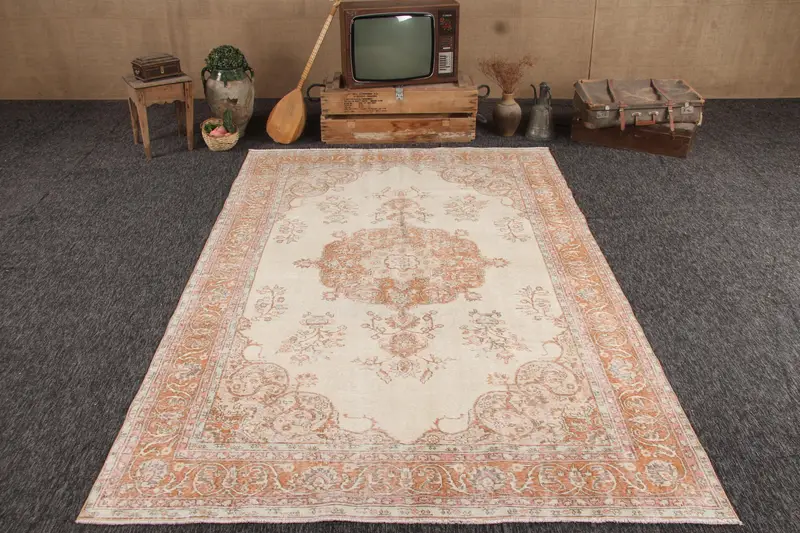 Türk 6.1x9.8 ft Halı, Büyük Vintage Halı, Beyaz Kahverengi Paisley Halı - 1