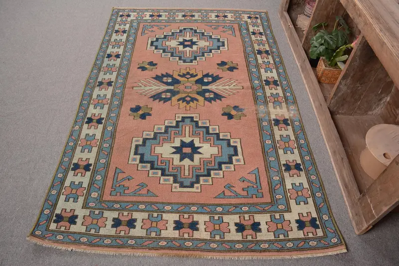 Blue & Orange Rug, 4,2x6,3 ft Bordered Design