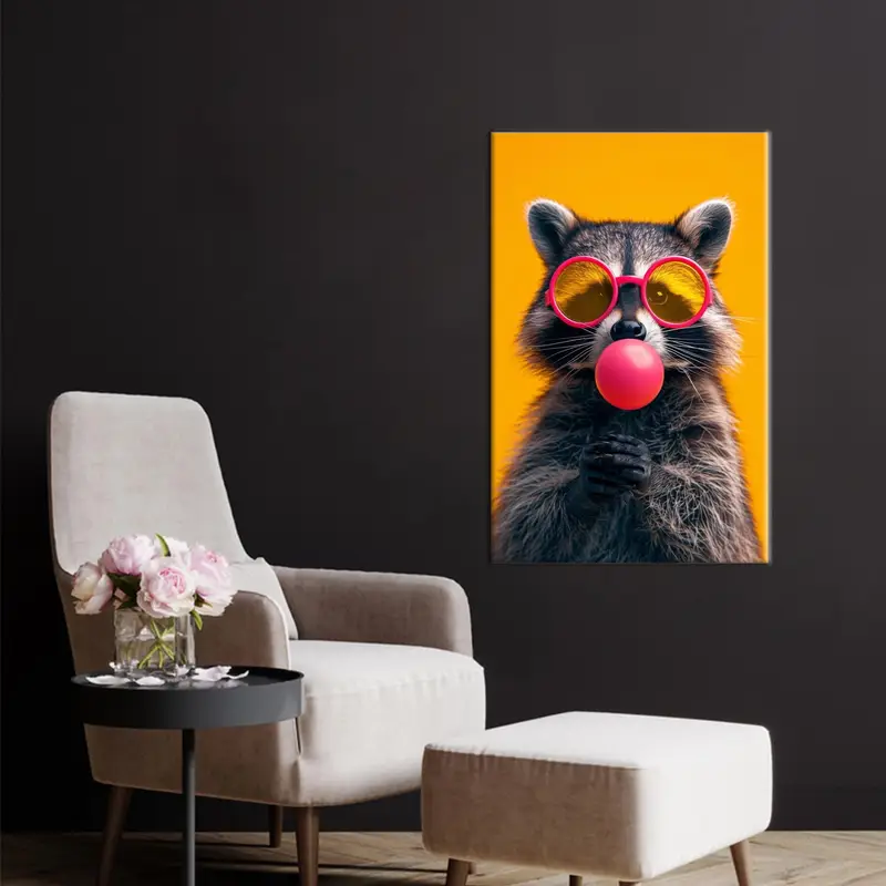 モダンな抽象的なアライグマとバブルガムのキャンバスプリント、子供部屋用