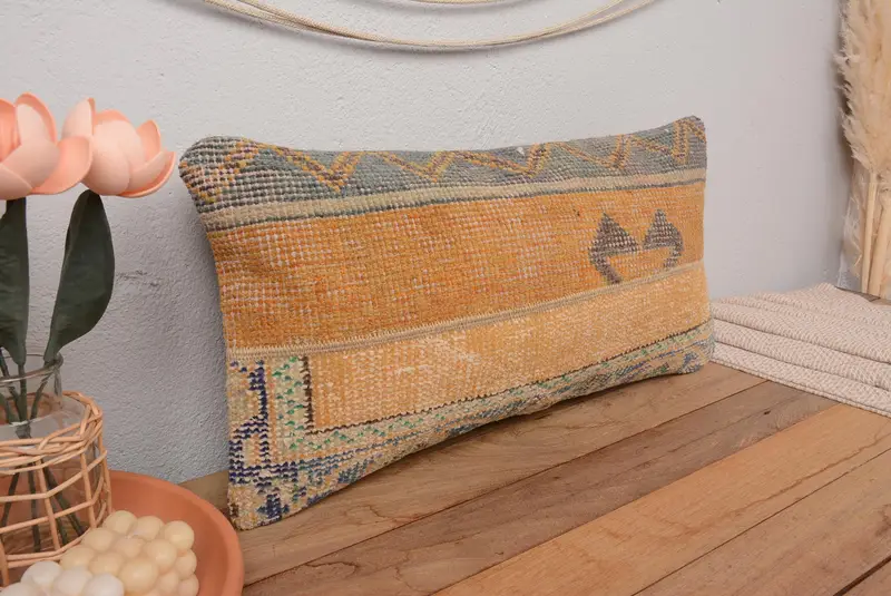 Geometrisches Leinenkissen in Orange und Grün, Vintage-Rechteck-Wurfkissen