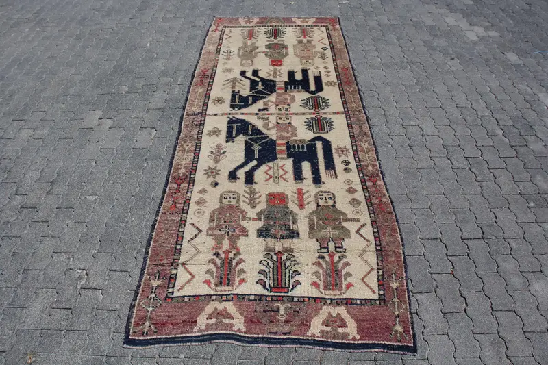 Alfombra vintage turca, alfombra corredor de 4x10,7 pies, alfombra con estampado animal azul rojo - 1