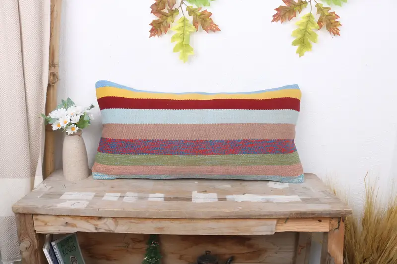 Turkish Kilim Pillow, Kilim Pillow, Chair Cushion Cover, 12x24 Rainbow Cushion Cover, Pillow Cover, Sustainable Cushion Cover, Gift Pillow - 1