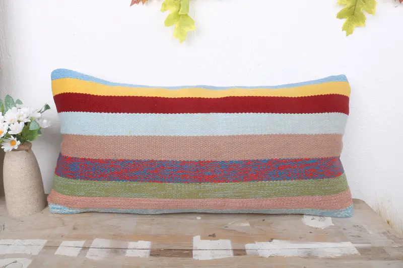 Turkish Kilim Pillow, Kilim Pillow, Chair Cushion Cover, 12x24 Rainbow Cushion Cover, Pillow Cover, Sustainable Cushion Cover, Gift Pillow - 2