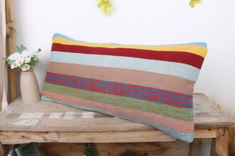 Turkish Kilim Pillow, Kilim Pillow, Chair Cushion Cover, 12x24 Rainbow Cushion Cover, Pillow Cover, Sustainable Cushion Cover, Gift Pillow - 4