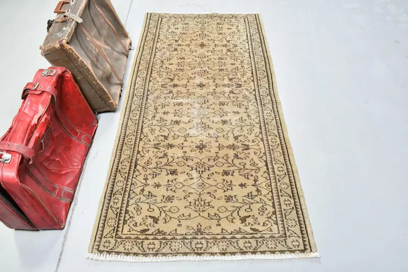 3.1x6.2 ft Vintage Türk Halısı, Accent Halı, Kahverengi Oushak Kareli Halı - 1