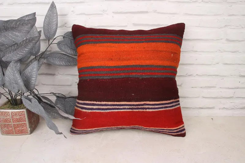 Vintage Pillow, Kilim Pillow Cover, Vintage Kilim Pillow, Bed Cushion Cover, Pillow Case, Bolster Pillow Sham, 18x18 Red Pillow Cover - 1