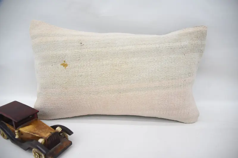 Plaid Turkish Rustic Pillow Case, Wool Moroccan 12x20 inch Beige Pillow Cover - 1