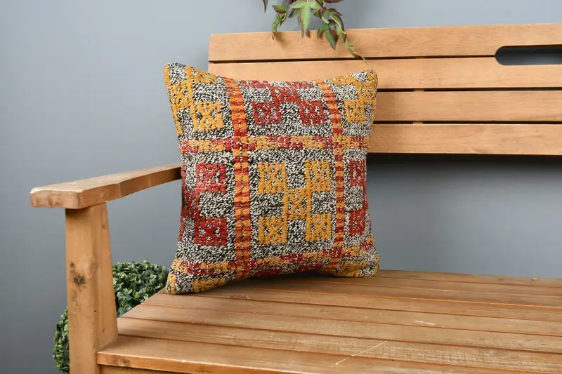 16x16 Yellow Pillow Cover, Cozy Throw Pillow Cover, Vintage Kilim Pillow, Throw Kilim Pillow, Turkish Kilim Pillow, Pillow Case - 1
